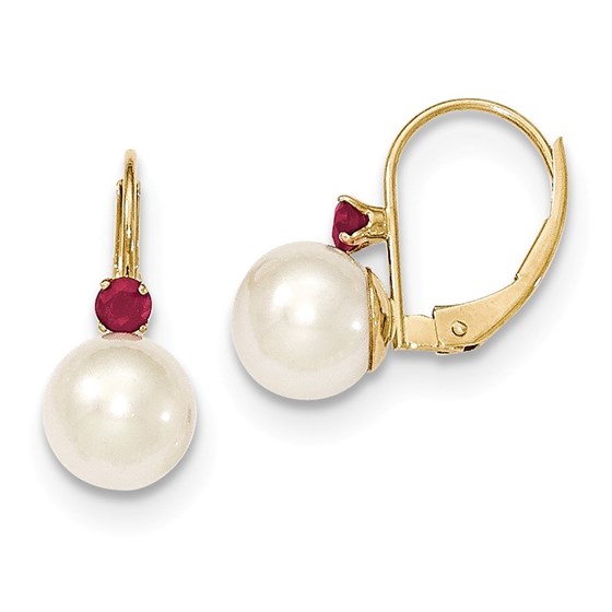 14k 7-7.5 mm White Cultured Pearl & .13ct. Ruby Leverback Earring 14k 7-7.5 mm White Cultured Pearl & .13ct. Ruby Leverback Earring